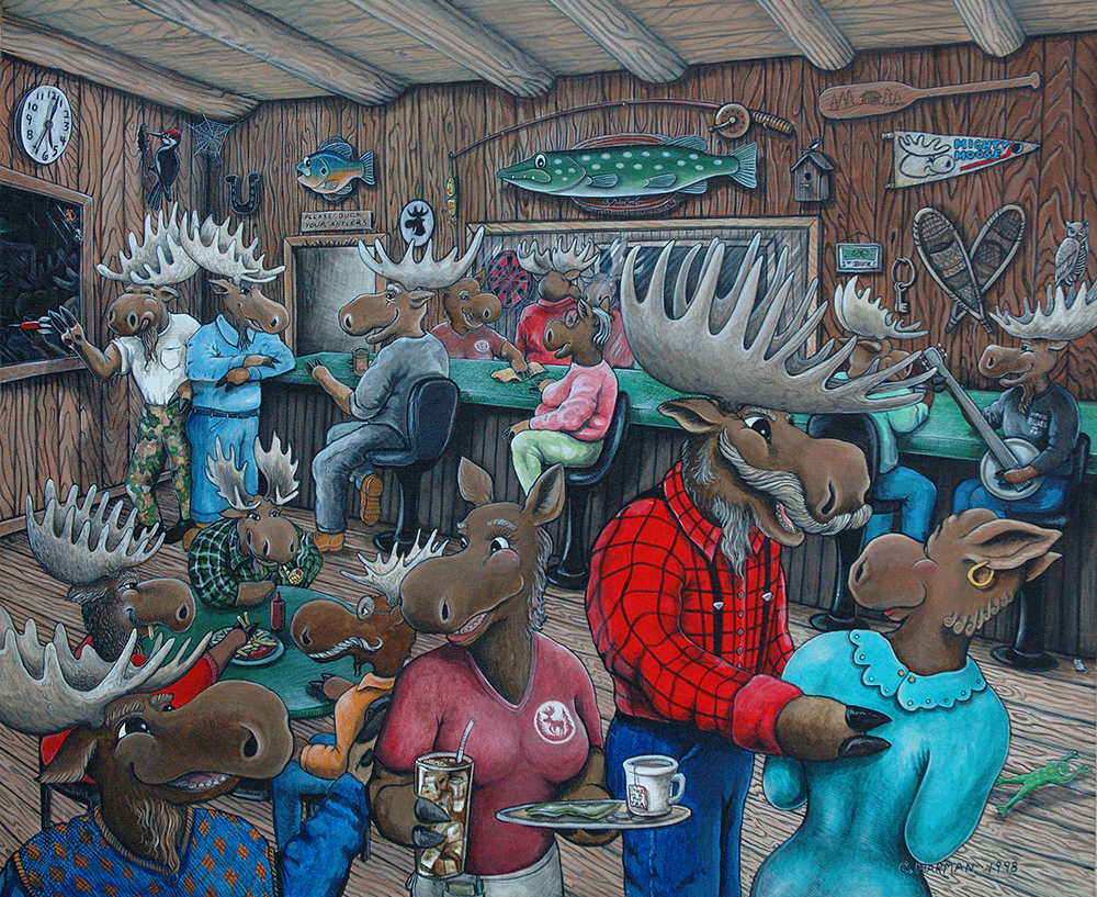 FUN MOOSE PAINTING, MOOSE ART, LARGE ORIGINAL MOOSE PAINTING, FUN MOOSE, BAR MOOSE, MOOSE AT THE BAR | Whimsical Art, Fun Moose Art, Fun Moose Paintings, Pond Friends Originals, Whimsical Paintings, Caricatures, Whimsical Paintings, Fun Art, Moose, Moose, Moose, Frogs